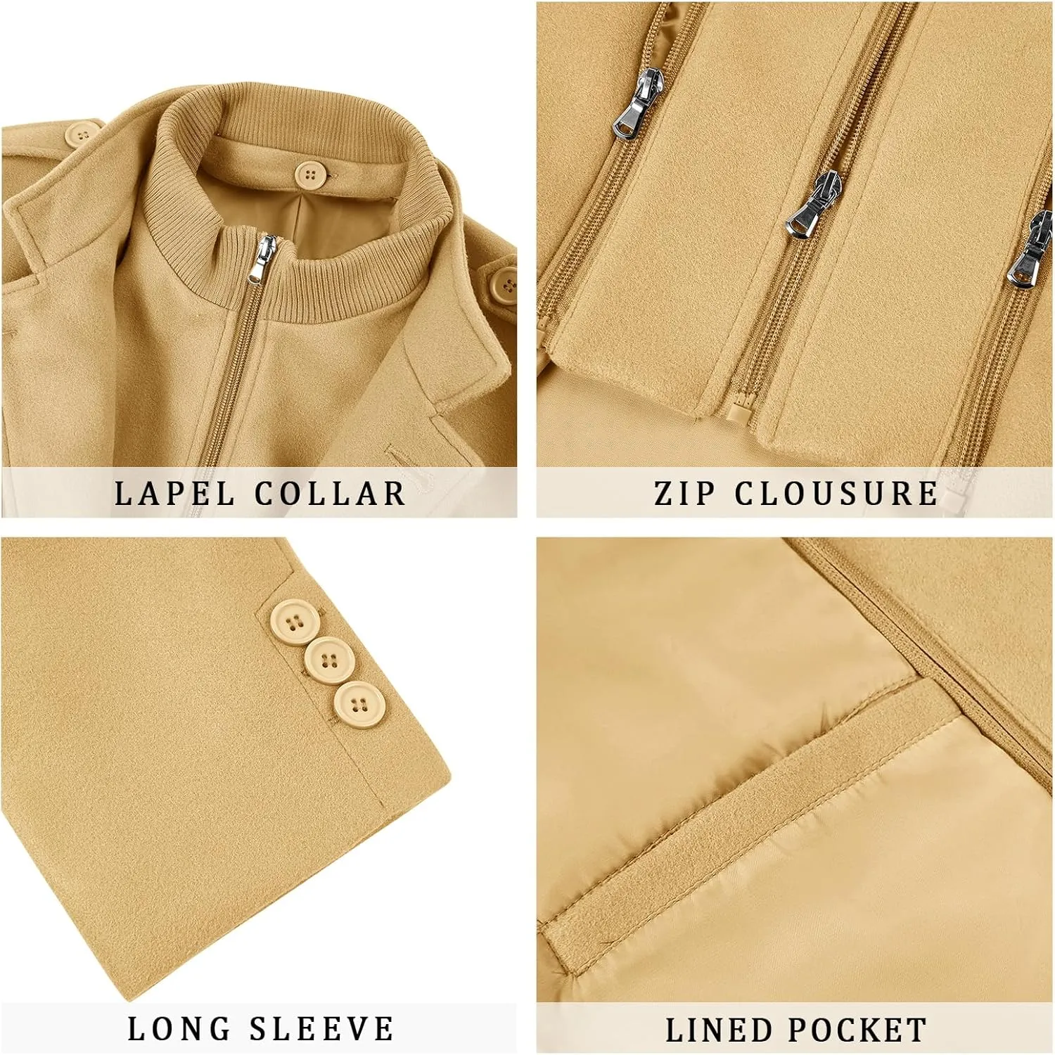 Karlywindow Mens Trench Coat Long Sleeve Stand Collar Single Breasted Pea Coat Casual Mid Long Slim Fit Overcoat with Pockets