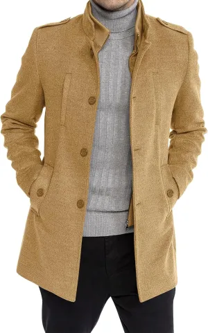 Karlywindow Mens Trench Coat Long Sleeve Stand Collar Single Breasted Pea Coat Casual Mid Long Slim Fit Overcoat with Pockets