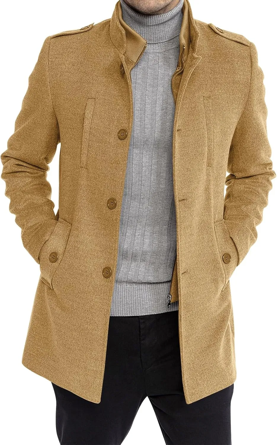 Karlywindow Mens Trench Coat Long Sleeve Stand Collar Single Breasted Pea Coat Casual Mid Long Slim Fit Overcoat with Pockets