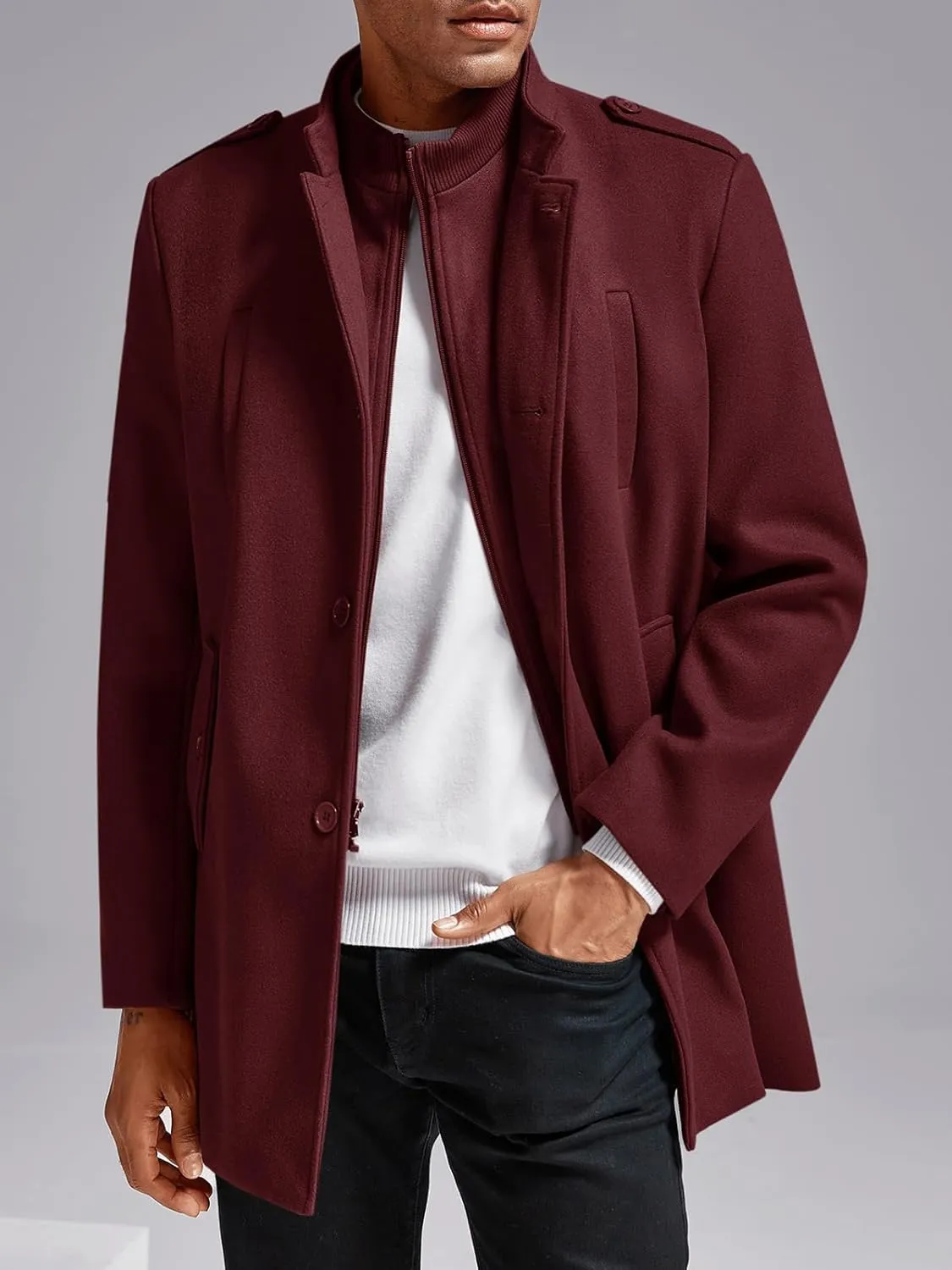 Karlywindow Mens Trench Coat Long Sleeve Stand Collar Single Breasted Pea Coat Casual Mid Long Slim Fit Overcoat with Pockets
