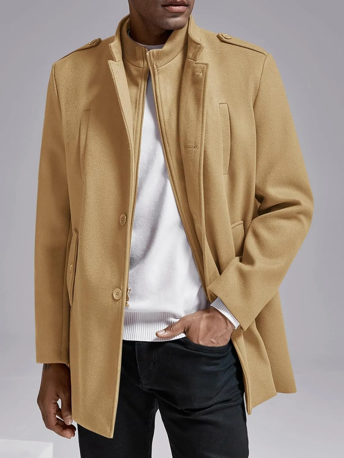 Karlywindow Mens Trench Coat Long Sleeve Stand Collar Single Breasted Pea Coat Casual Mid Long Slim Fit Overcoat with Pockets