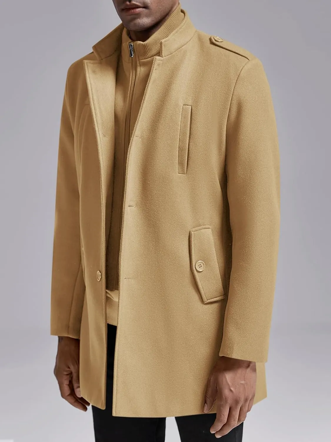 Karlywindow Mens Trench Coat Long Sleeve Stand Collar Single Breasted Pea Coat Casual Mid Long Slim Fit Overcoat with Pockets