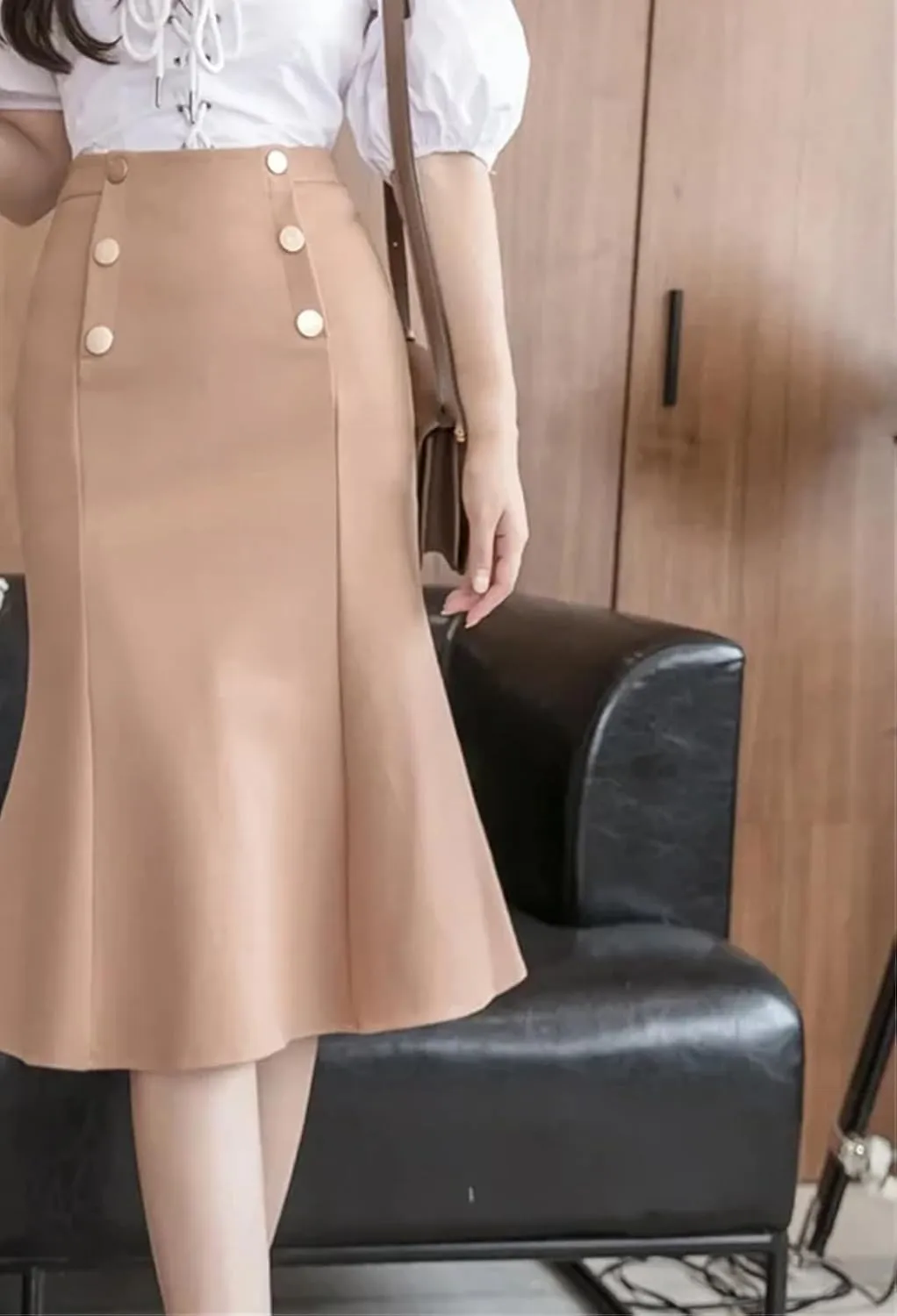 Korean High Waist Black Midi Skirt Women Clothes Button Party Red Skirt
