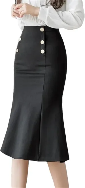 Korean High Waist Black Midi Skirt Women Clothes Button Party Red Skirt