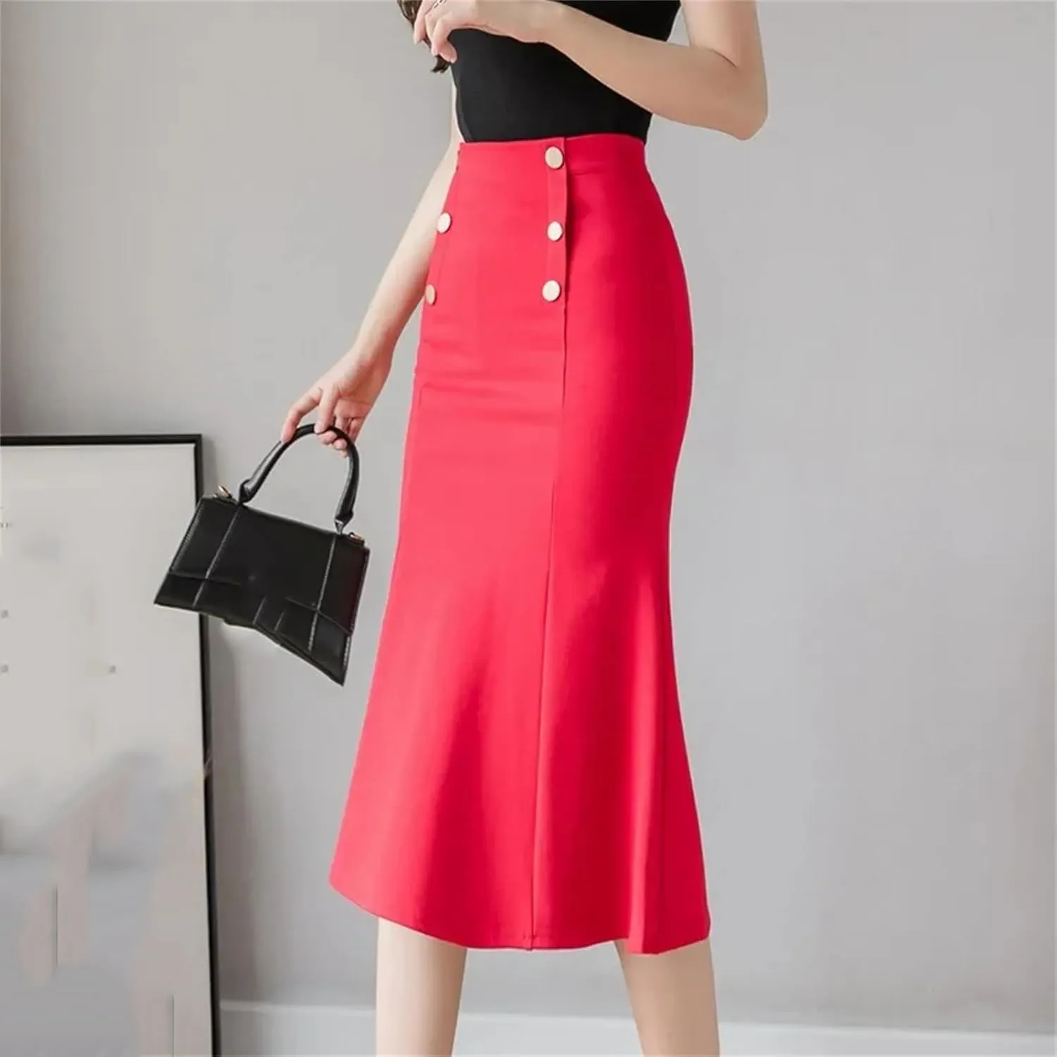 Korean High Waist Black Midi Skirt Women Clothes Button Party Red Skirt
