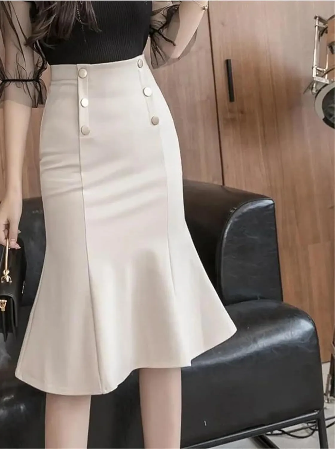 Korean High Waist Black Midi Skirt Women Clothes Button Party Red Skirt