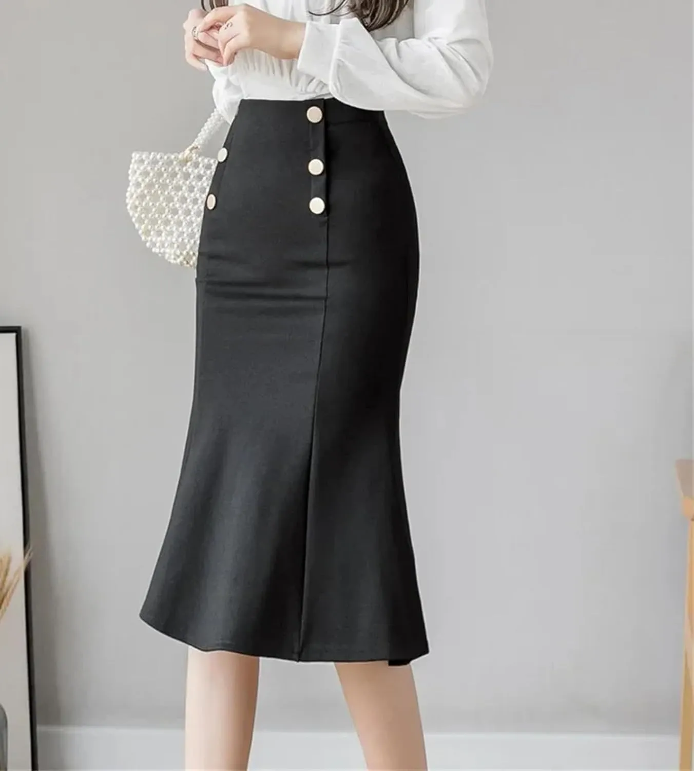 Korean High Waist Black Midi Skirt Women Clothes Button Party Red Skirt