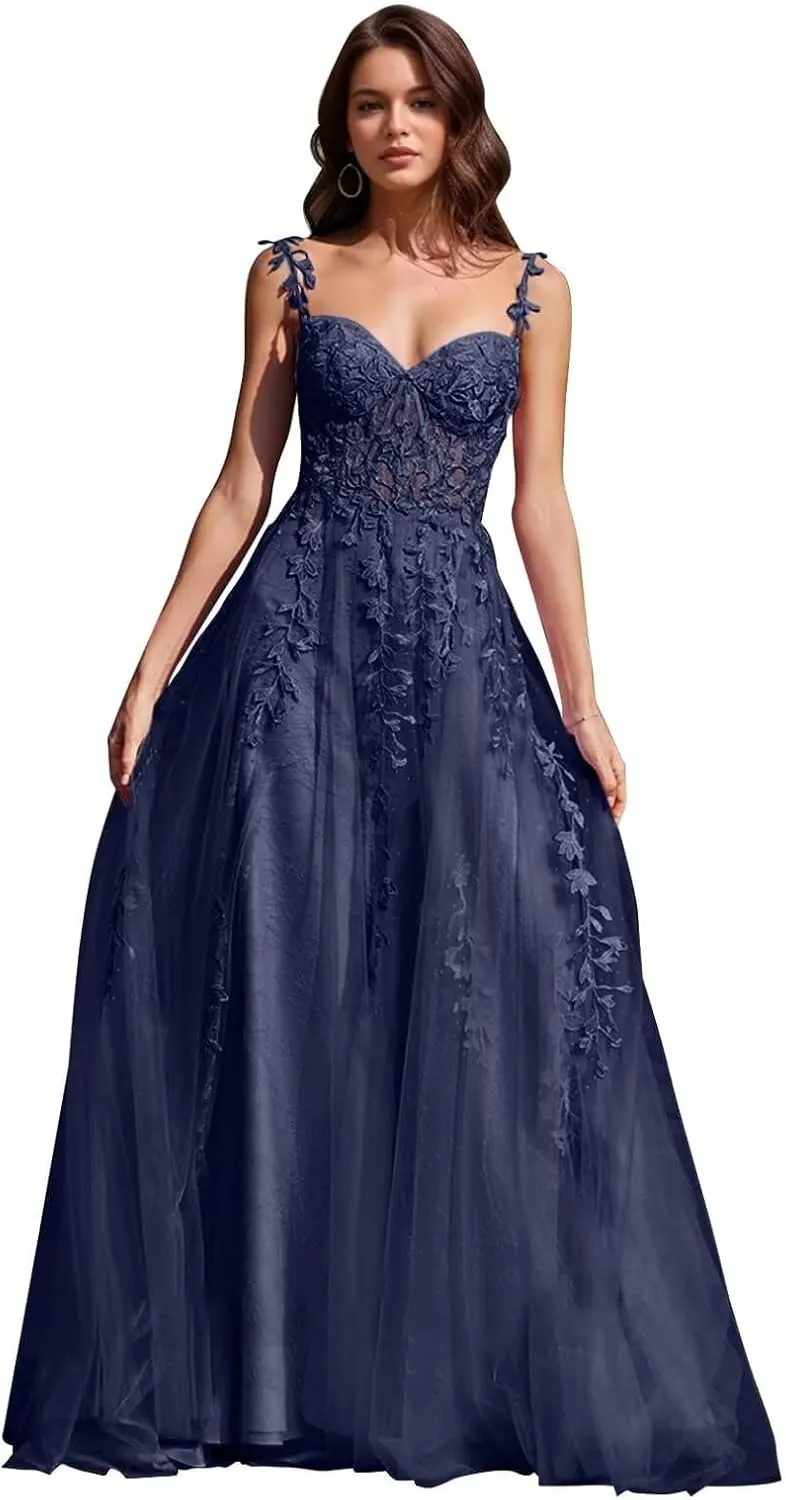 Lace Applique Tulle Prom Dresses for Women 2025 Spaghetti Straps Ball Gown Formal Evening Party Gown with Slit FA029