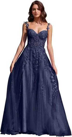 Lace Applique Tulle Prom Dresses for Women 2025 Spaghetti Straps Ball Gown Formal Evening Party Gown with Slit FA029