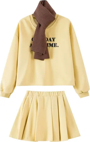 Ladies 2 Piece Sweatshirt Skirt Set Printed Top Pleated Bottom Comfortable Stylish Easy Care Female Outfit