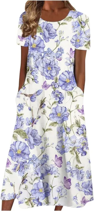 Ladies Dress Pleated Basic Round Neck 2024 Short-Sleeve Midi Loose Daily Women's Dresses Classic with Pocket