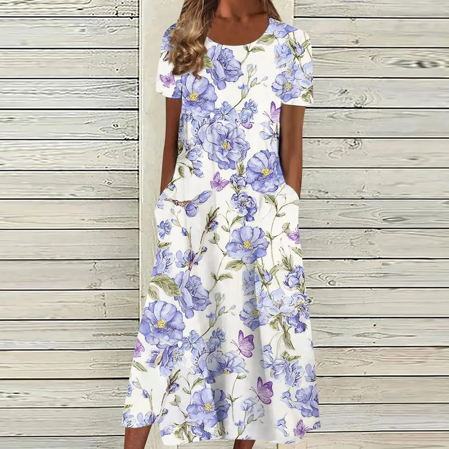 Ladies Dress Pleated Basic Round Neck 2024 Short-Sleeve Midi Loose Daily Women's Dresses Classic with Pocket