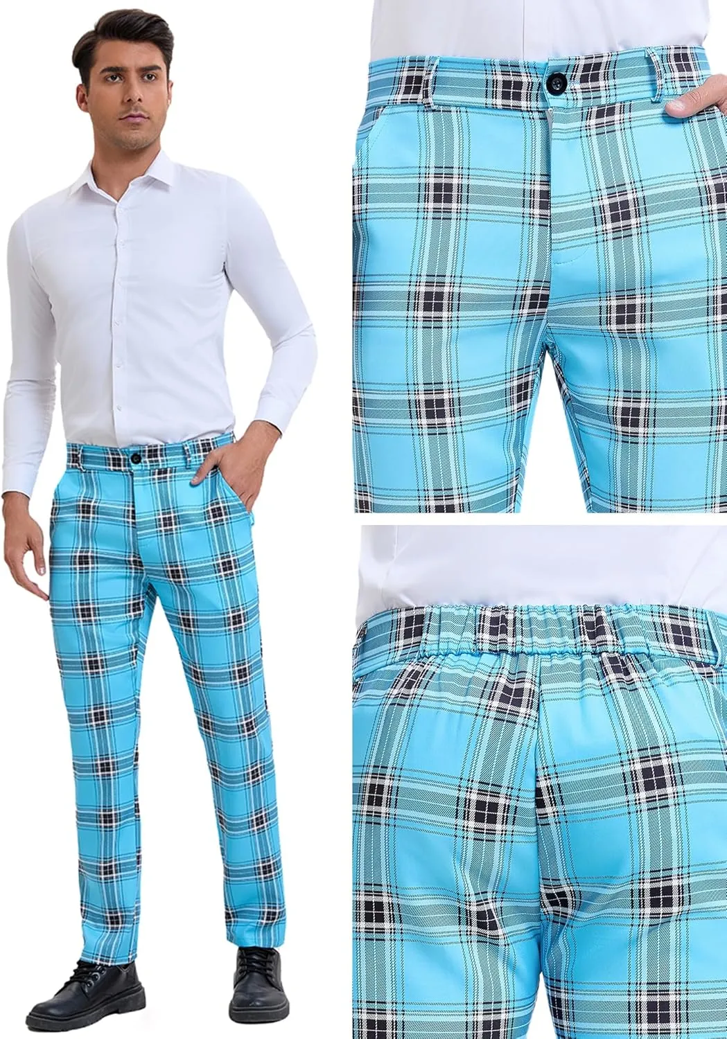 Lars Amadeus Plaid Dress Pants for Men's Slim Fit Straight Leg Formal Tartan Pattern Pants