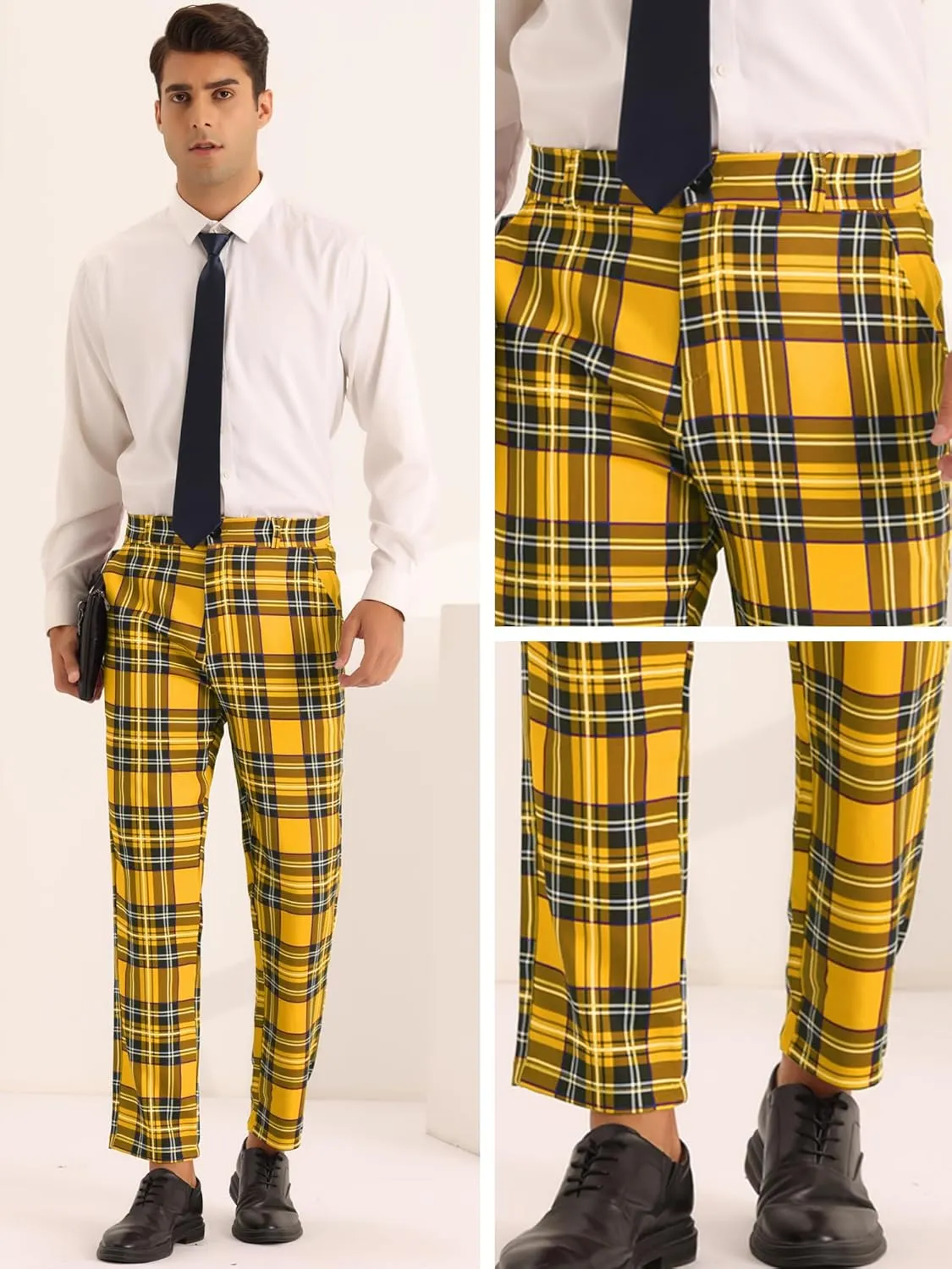 Lars Amadeus Plaid Dress Pants for Men's Slim Fit Straight Leg Formal Tartan Pattern Pants