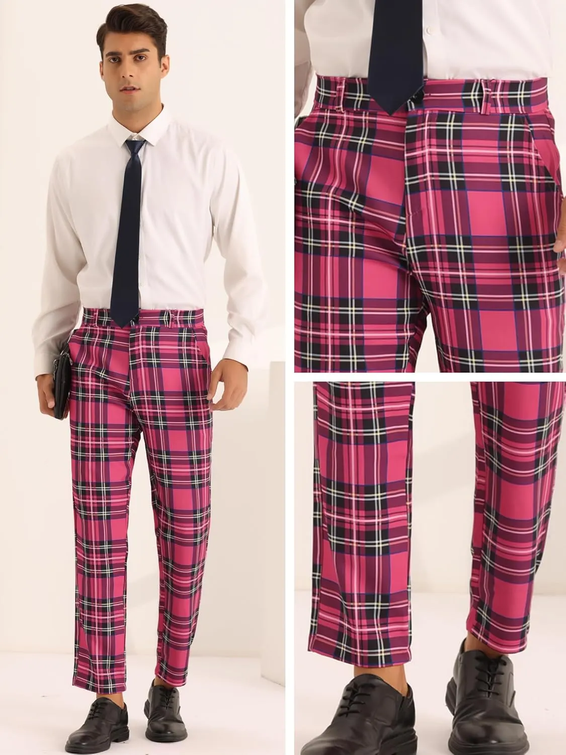 Lars Amadeus Plaid Dress Pants for Men's Slim Fit Straight Leg Formal Tartan Pattern Pants