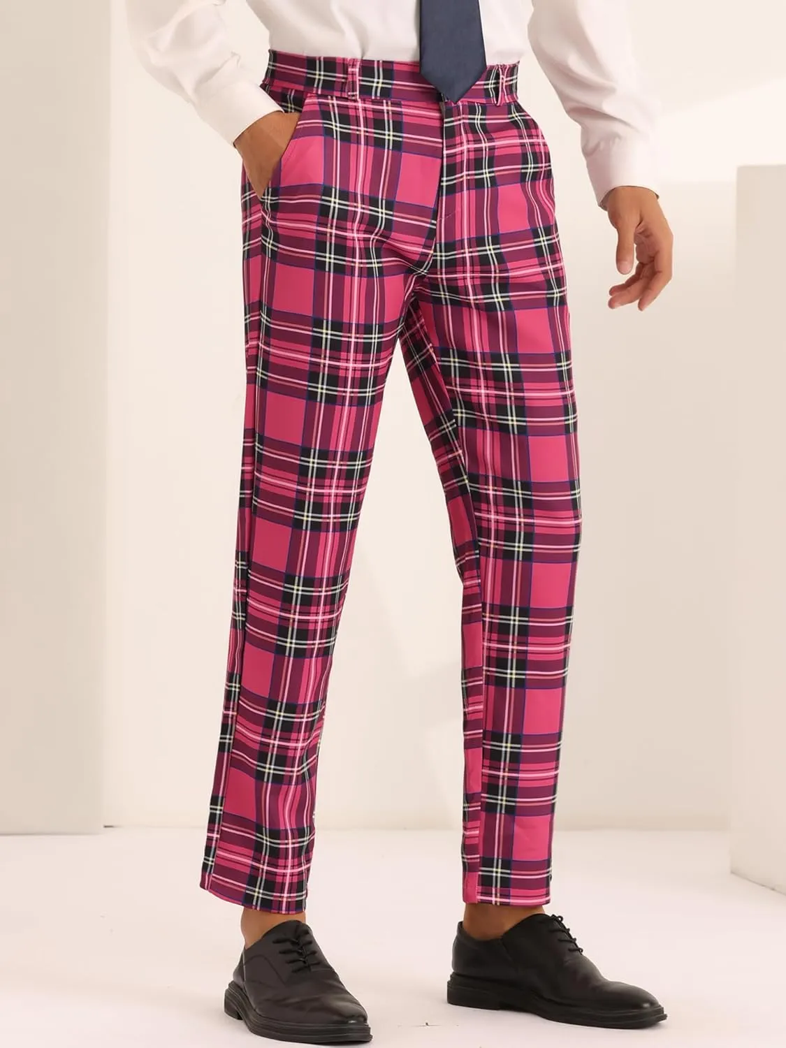 Lars Amadeus Plaid Dress Pants for Men's Slim Fit Straight Leg Formal Tartan Pattern Pants