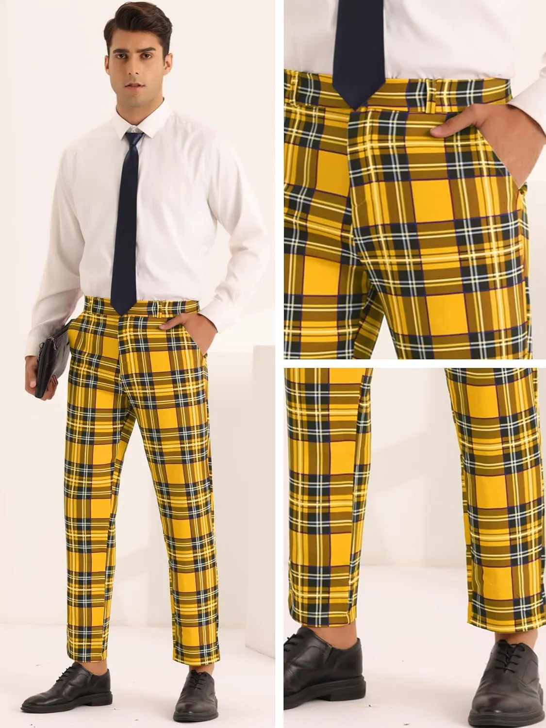 Lars Amadeus Plaid Dress Pants for Men's Slim Fit Straight Leg Formal Tartan Pattern Pants