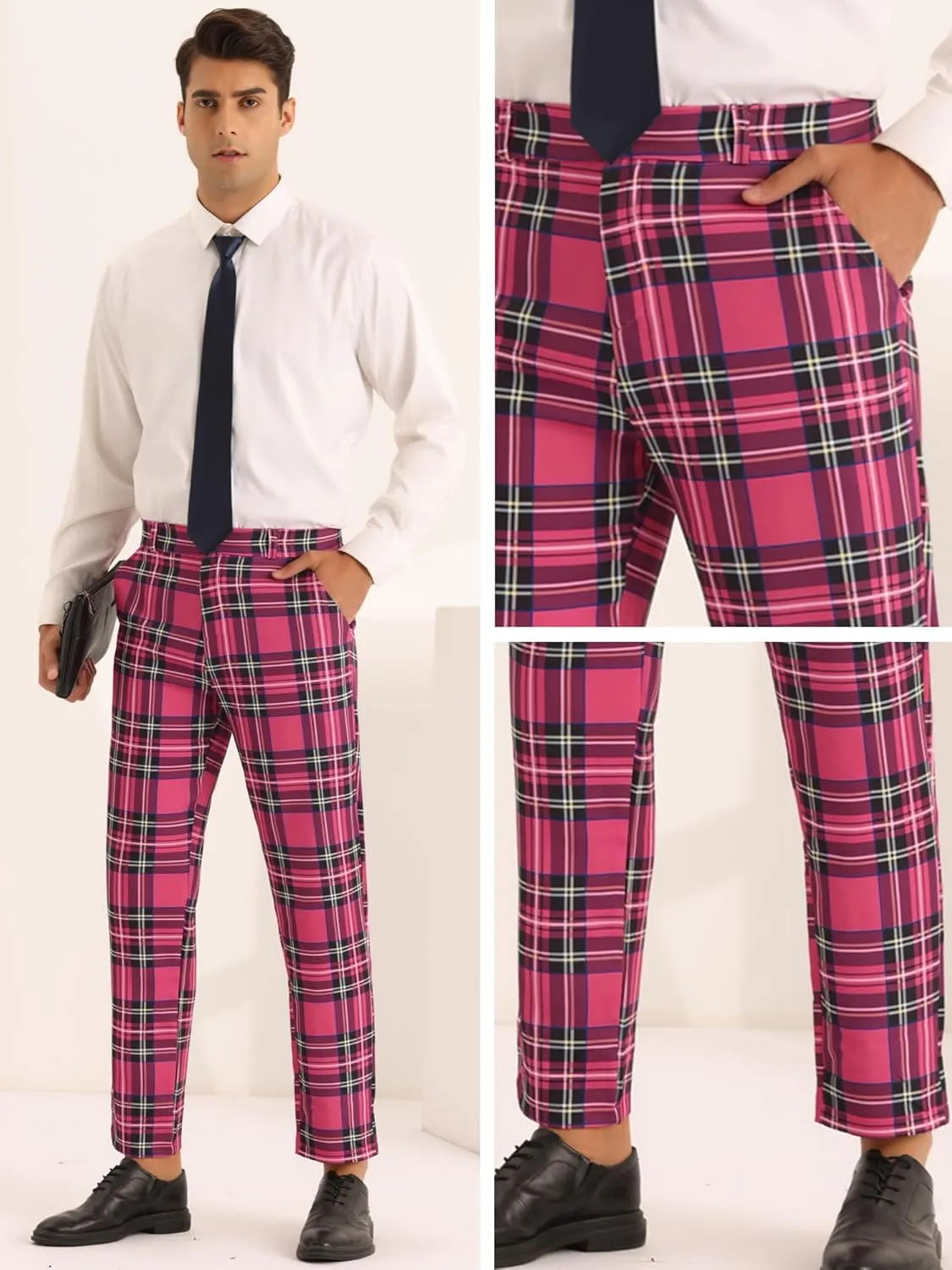 Lars Amadeus Plaid Dress Pants for Men's Slim Fit Straight Leg Formal Tartan Pattern Pants
