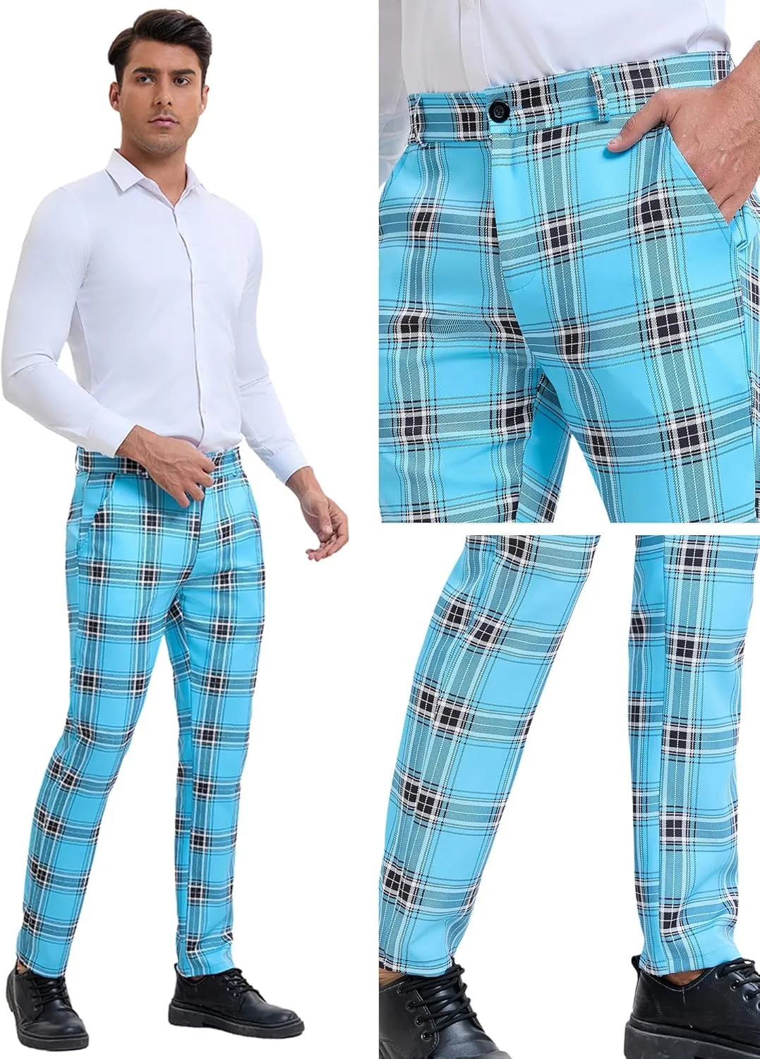 Lars Amadeus Plaid Dress Pants for Men's Slim Fit Straight Leg Formal Tartan Pattern Pants