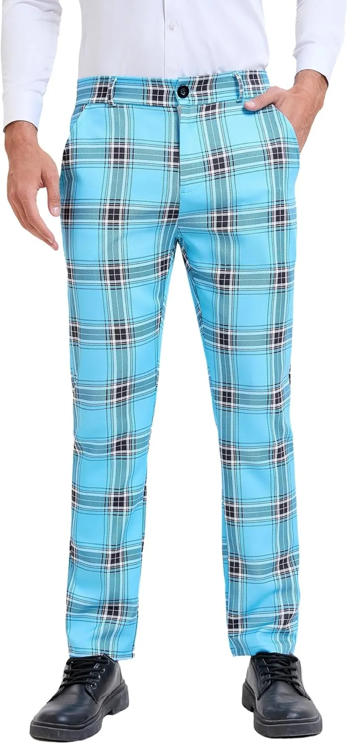 Lars Amadeus Plaid Dress Pants for Men's Slim Fit Straight Leg Formal Tartan Pattern Pants