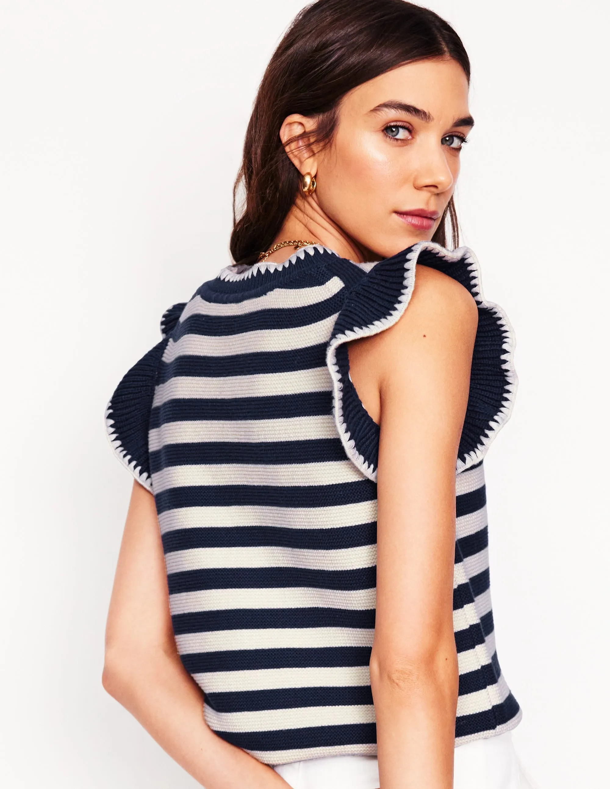 Lena Stitch Detail Tank-Navy and Ivory Stripe