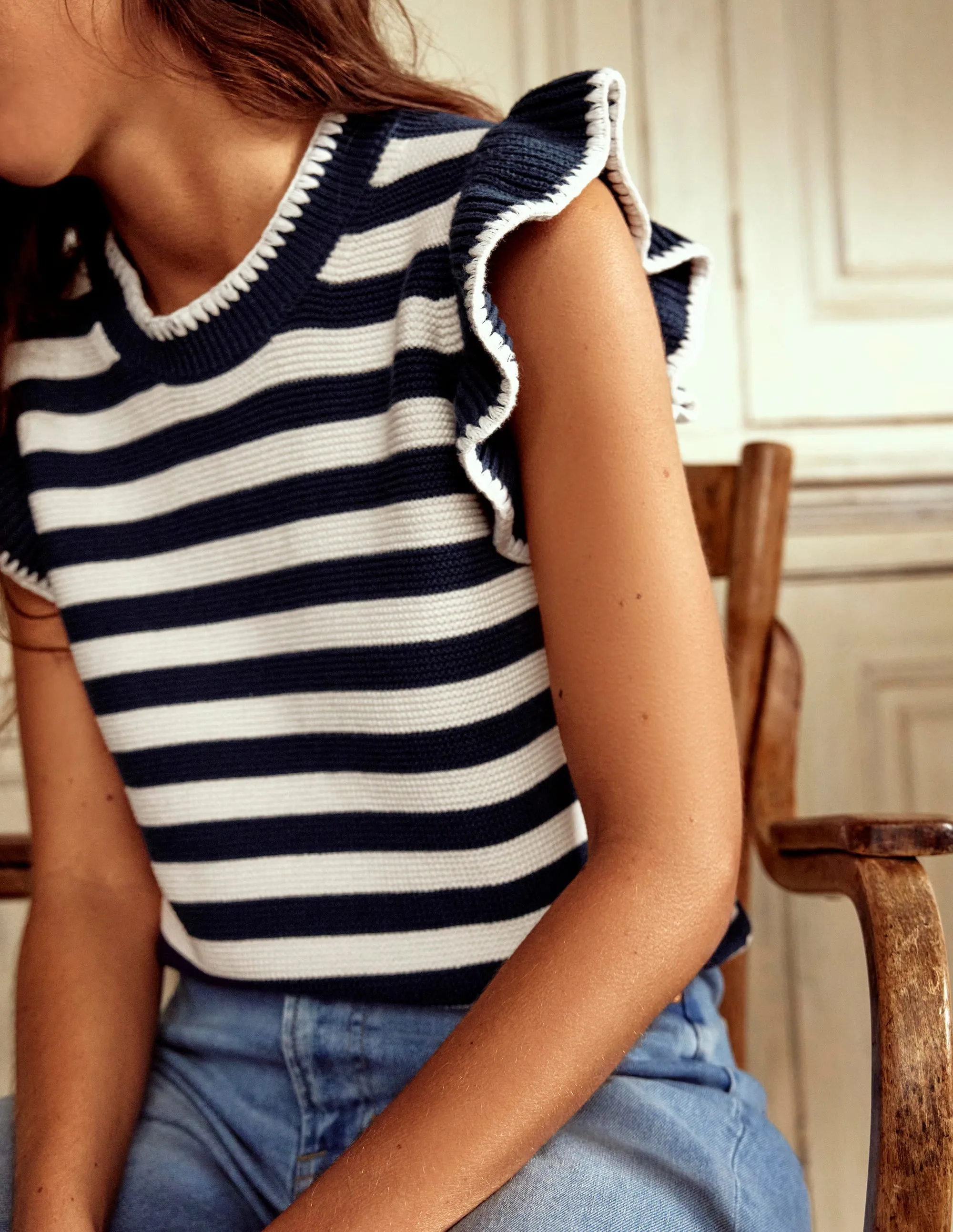 Lena Stitch Detail Tank-Navy and Ivory Stripe