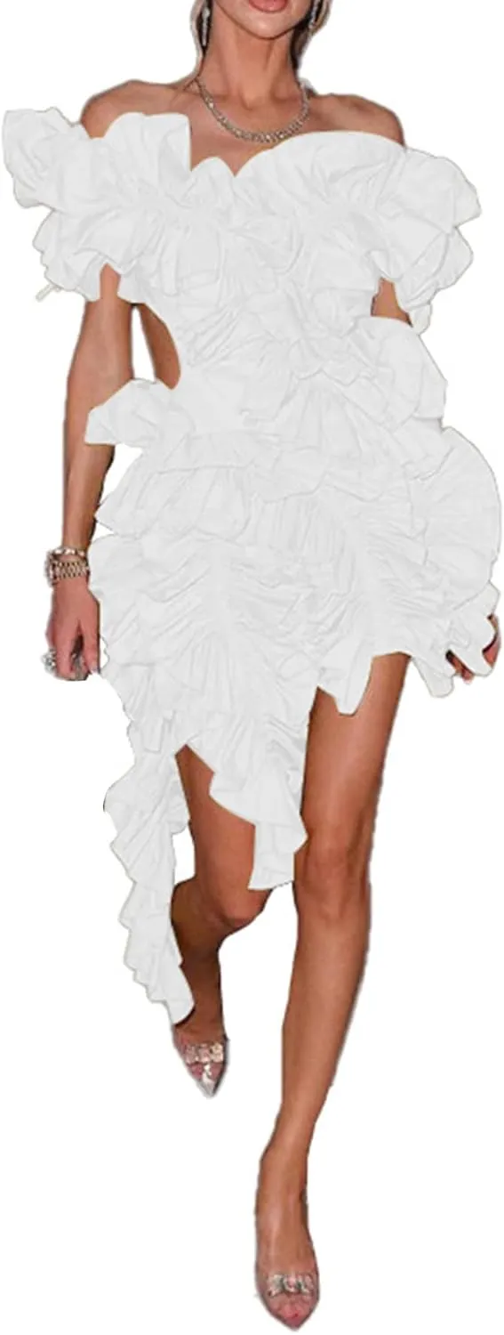 LETSVDO Womens Off Shoulder Dress Sleeveless Backless Asymmetrical Bodycon Formal Wedding Guest Cocktail Mini Dresses