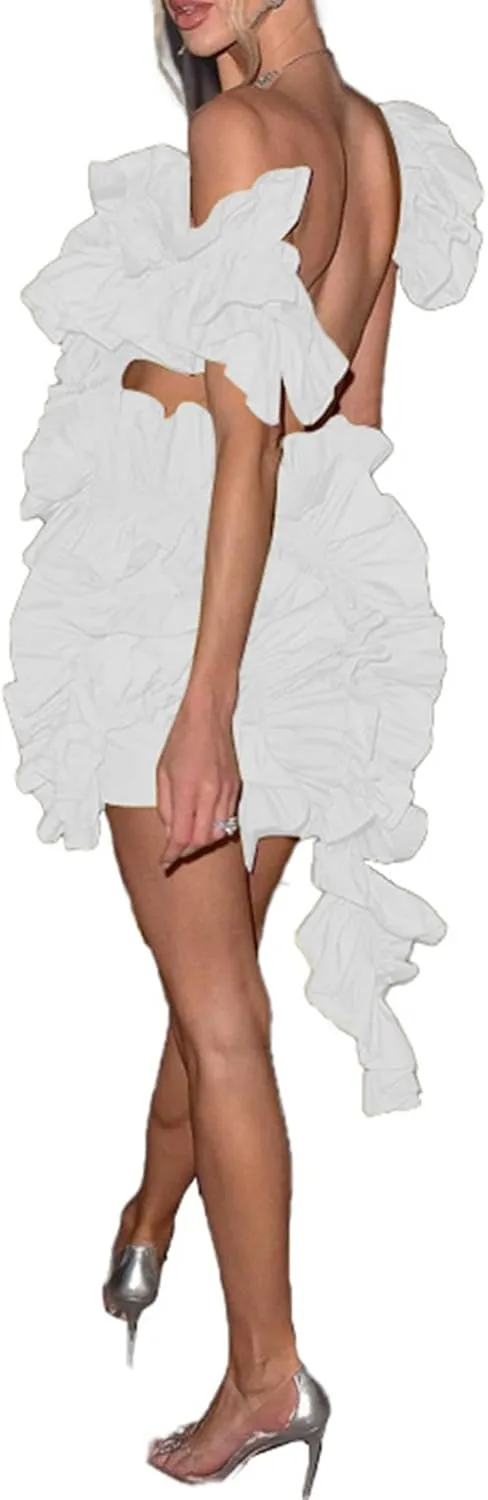 LETSVDO Womens Off Shoulder Dress Sleeveless Backless Asymmetrical Bodycon Formal Wedding Guest Cocktail Mini Dresses
