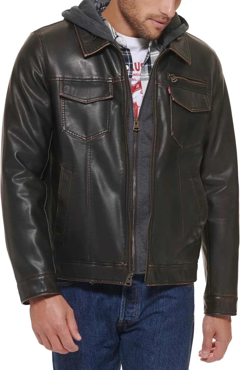 Levi's Mens Faux Leather Hooded Trucker Jacket with Sherpa Lining (Regular & Big & Tall Sizes)