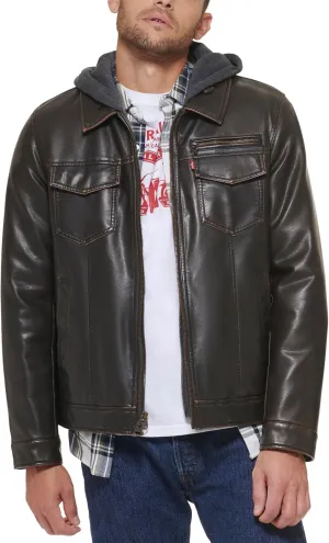 Levi's Mens Faux Leather Hooded Trucker Jacket with Sherpa Lining (Regular & Big & Tall Sizes)