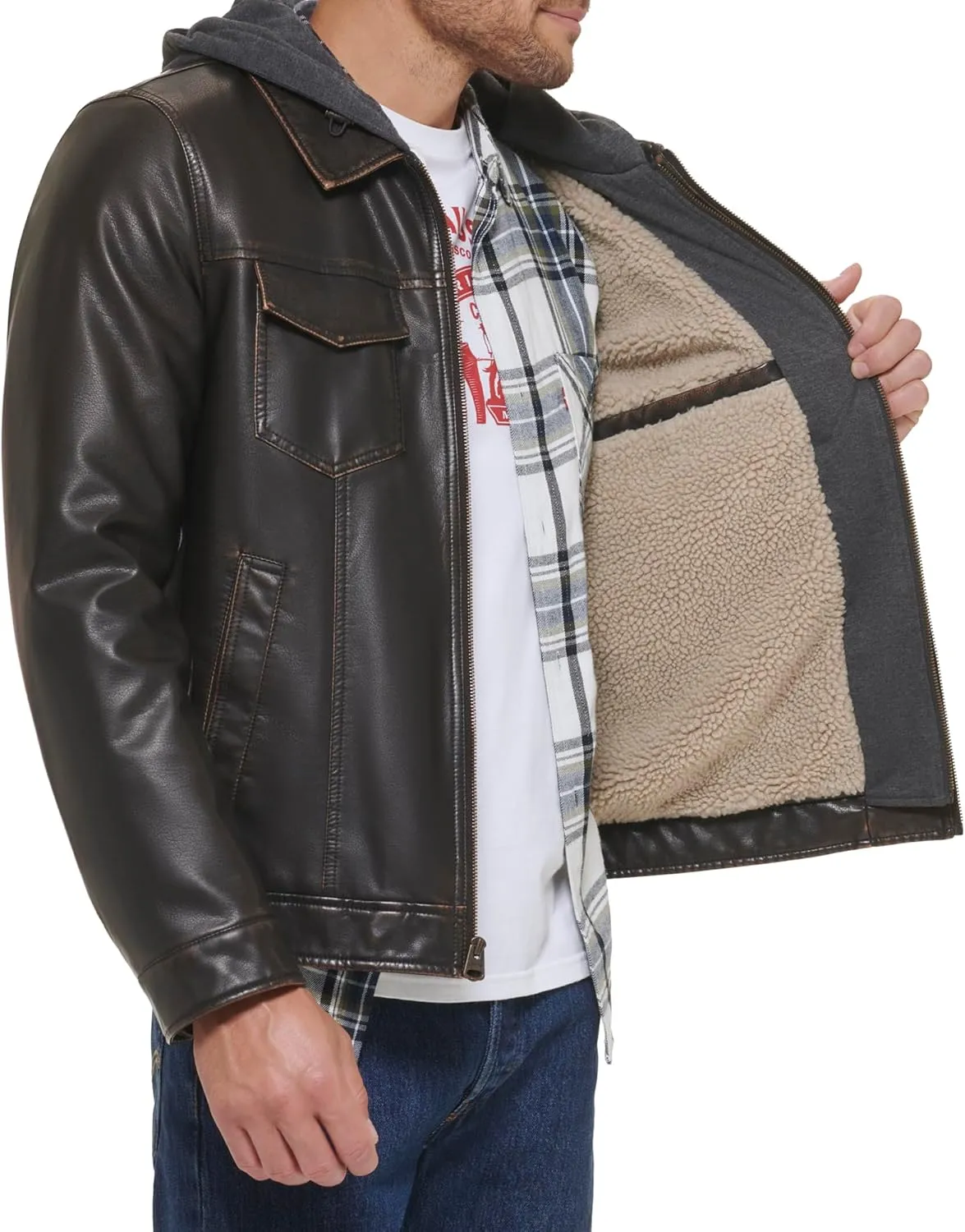 Levi's Mens Faux Leather Hooded Trucker Jacket with Sherpa Lining (Regular & Big & Tall Sizes)