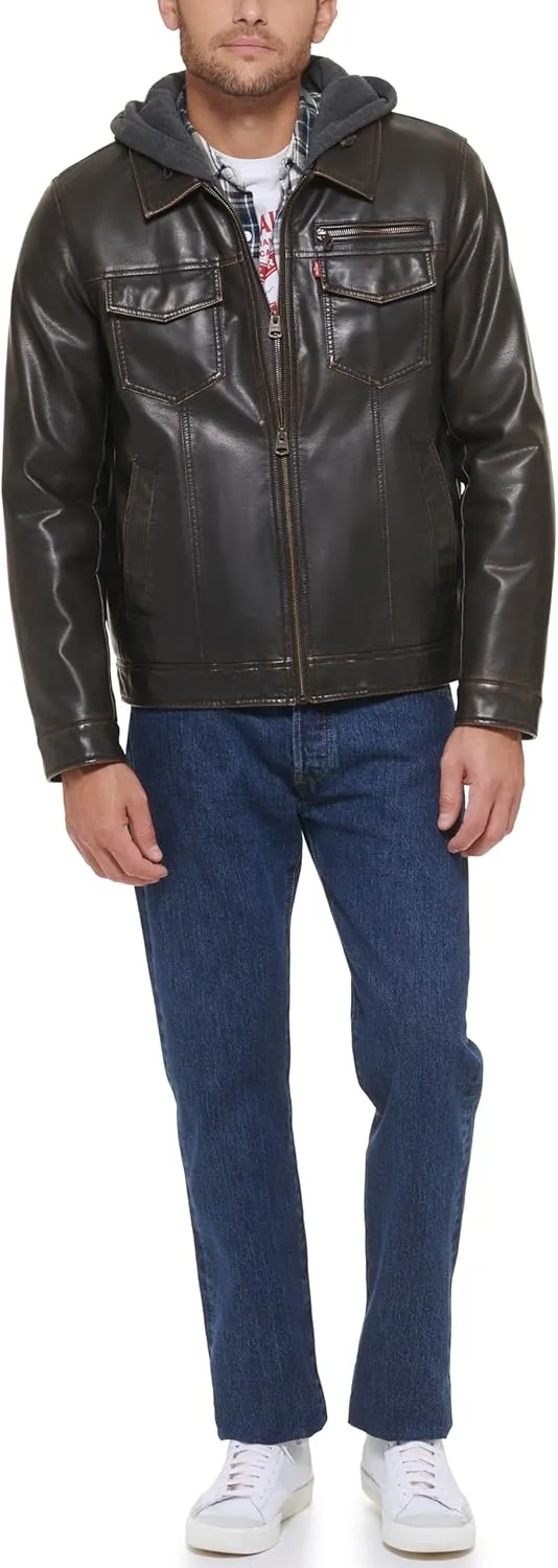 Levi's Mens Faux Leather Hooded Trucker Jacket with Sherpa Lining (Regular & Big & Tall Sizes)