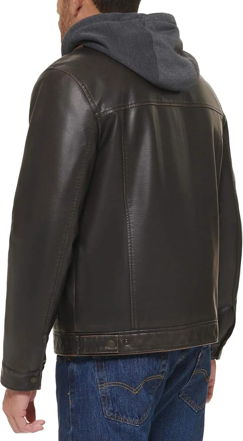 Levi's Mens Faux Leather Hooded Trucker Jacket with Sherpa Lining (Regular & Big & Tall Sizes)