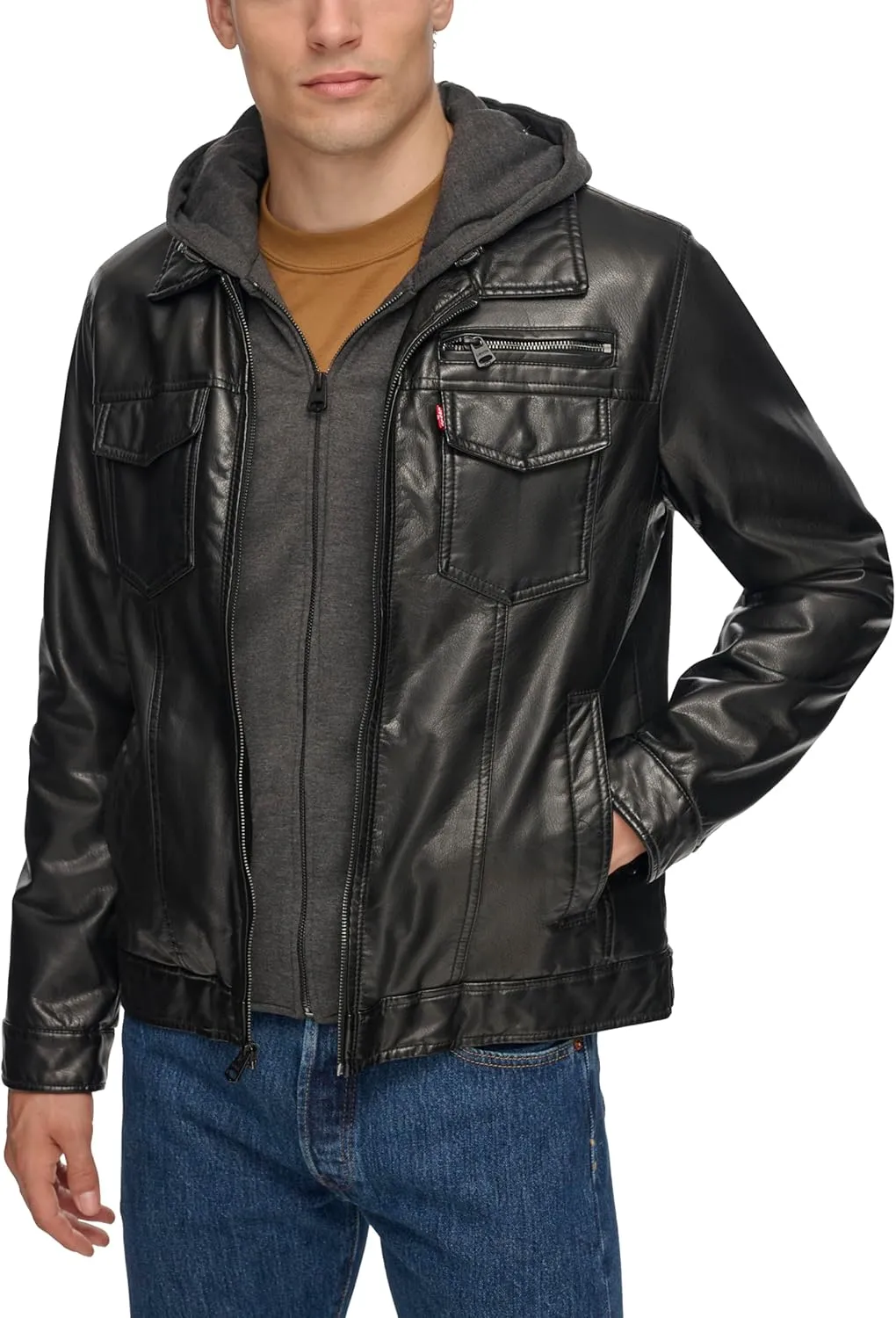 Levi's Mens Faux Leather Hooded Trucker Jacket with Sherpa Lining (Regular & Big & Tall Sizes)