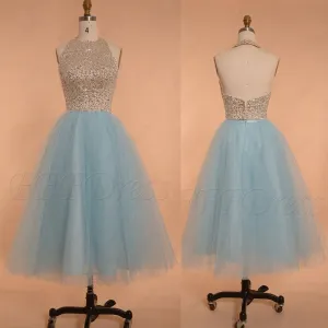 Light blue beaded halter prom dress tea length