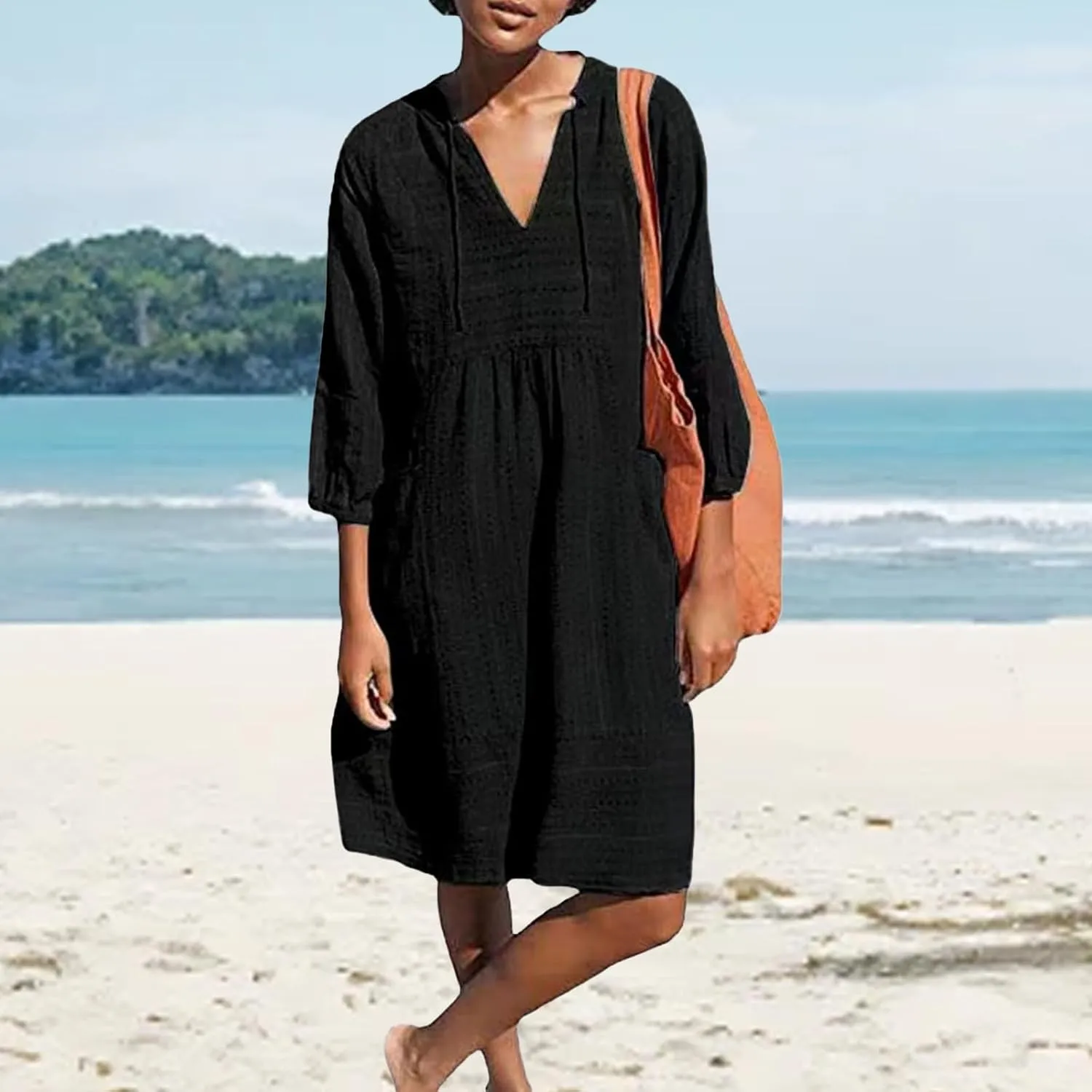 Linen Dresses for Women Casual 3/4 Sleeve V Neck Mini Dresses Loose Knee-Length A-line Dress Beach Dress with Pocket