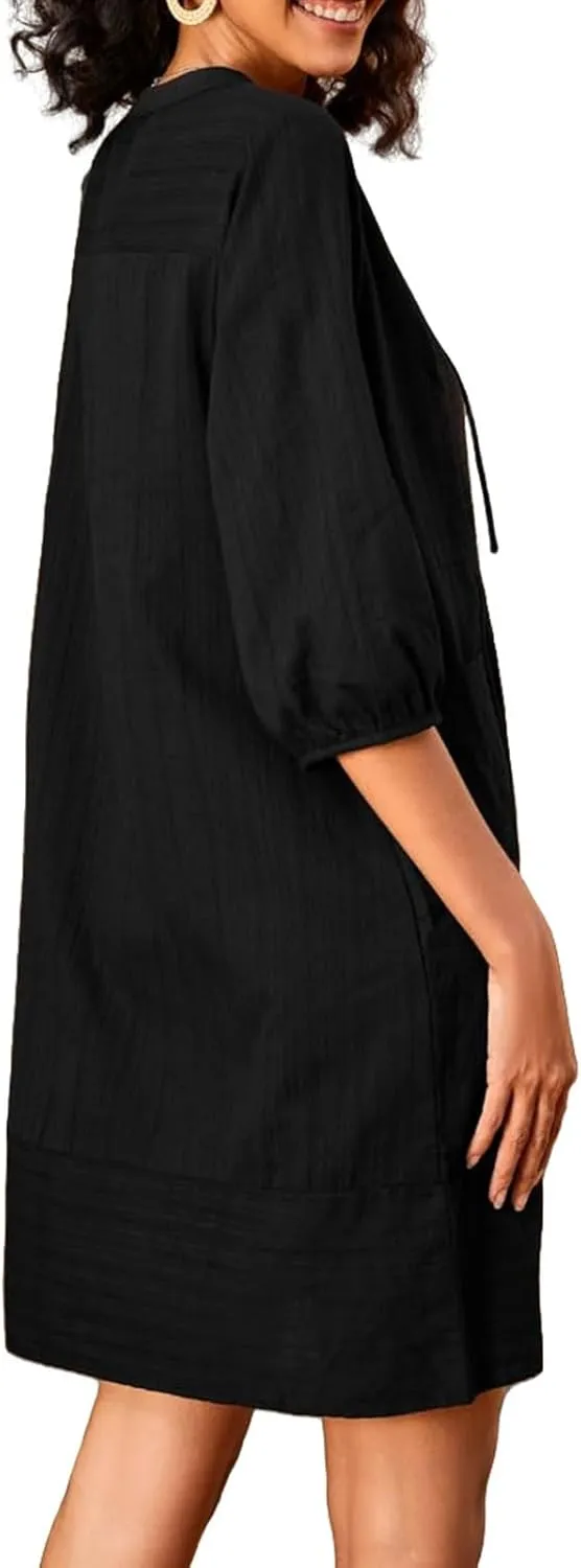 Linen Dresses for Women Casual 3/4 Sleeve V Neck Mini Dresses Loose Knee-Length A-line Dress Beach Dress with Pocket