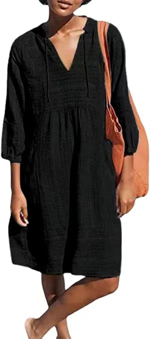 Linen Dresses for Women Casual 3/4 Sleeve V Neck Mini Dresses Loose Knee-Length A-line Dress Beach Dress with Pocket