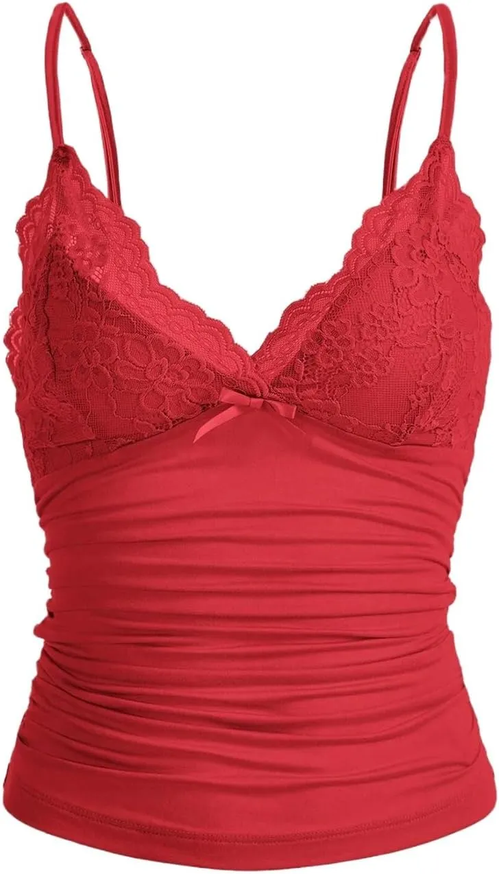 LOFAAC Women Sexy Y2K V Neck Lace Patchwork Cami Shirt Cute Slim Fit Sleeveless Spaghetti Strap Going Out Camisole Tank