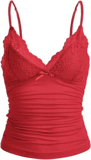 LOFAAC Women Sexy Y2K V Neck Lace Patchwork Cami Shirt Cute Slim Fit Sleeveless Spaghetti Strap Going Out Camisole Tank