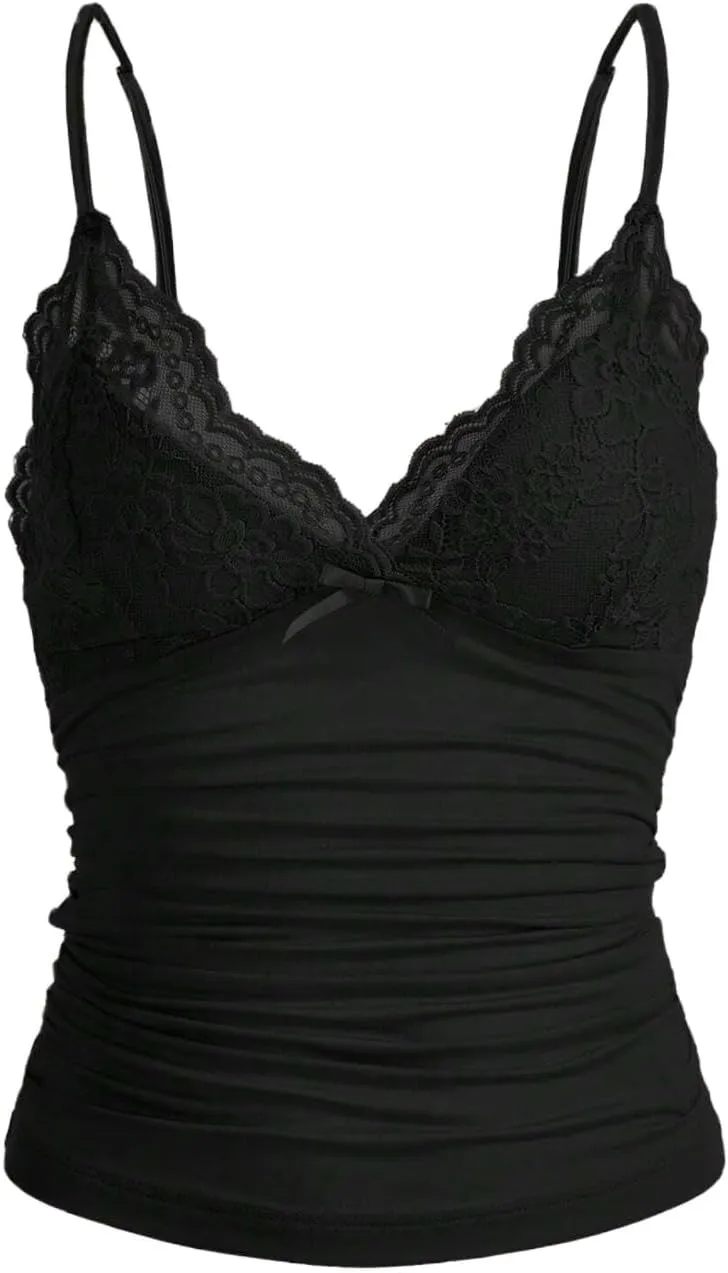 LOFAAC Women Sexy Y2K V Neck Lace Patchwork Cami Shirt Cute Slim Fit Sleeveless Spaghetti Strap Going Out Camisole Tank