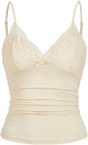 LOFAAC Women Sexy Y2K V Neck Lace Patchwork Cami Shirt Cute Slim Fit Sleeveless Spaghetti Strap Going Out Camisole Tank