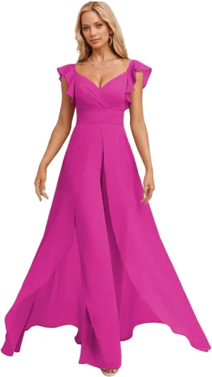 Long Chiffon Bridesmaid Jumpsuit for Women V-Neck Ruffle Cap Sleeve Formal Party Dresses Simple Evening Gown