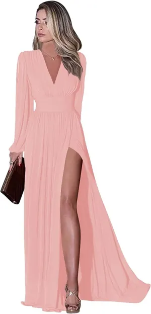 Long Sleeve Bridesmaid Dresses for Wedding Chiffon Pleated Evening Dress with Pockets Light Pink Formal Gown Size 2