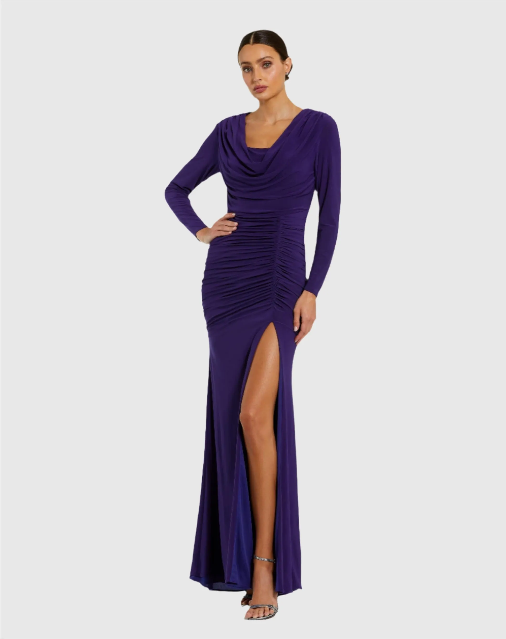 Long Sleeve Cowl Neck Jersey Gown With Slit - Indigo