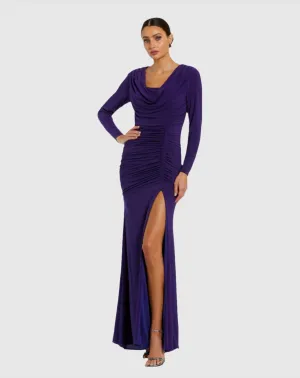 Long Sleeve Cowl Neck Jersey Gown With Slit - Indigo