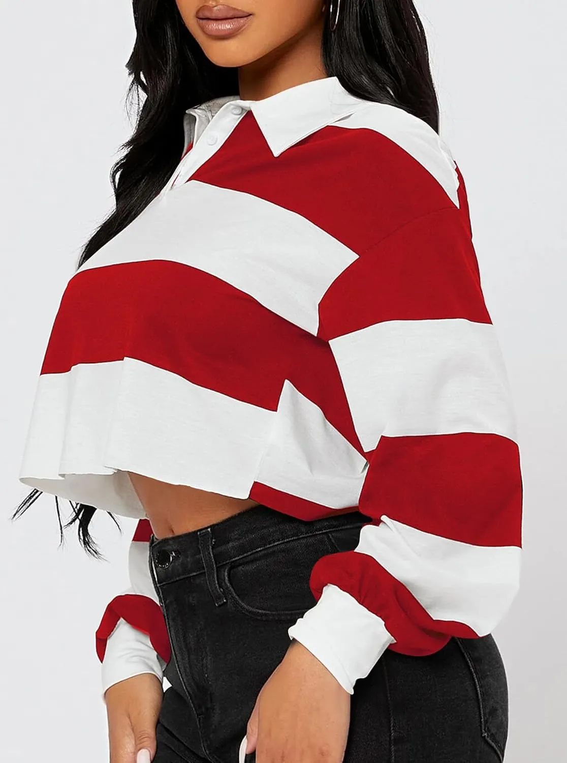 LovelyWholesale Women Striped Cropped Sweatshirts Polo Collar Tops