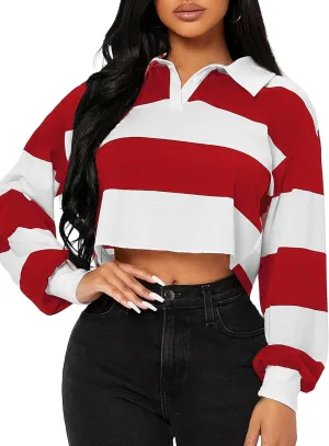 LovelyWholesale Women Striped Cropped Sweatshirts Polo Collar Tops