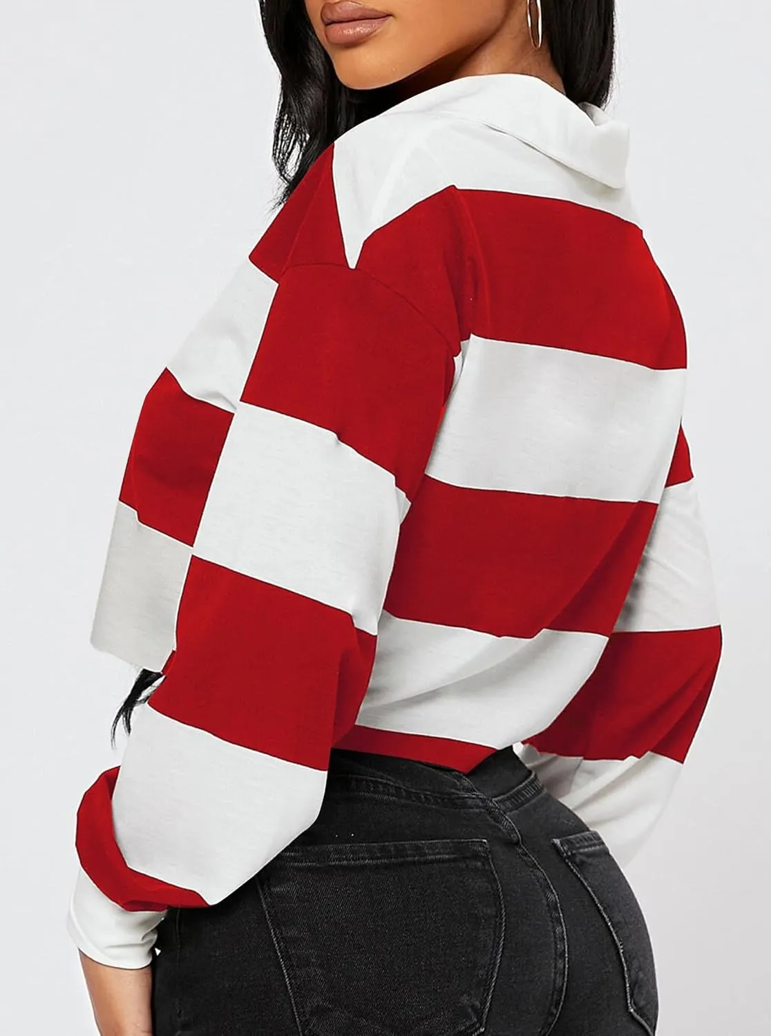 LovelyWholesale Women Striped Cropped Sweatshirts Polo Collar Tops