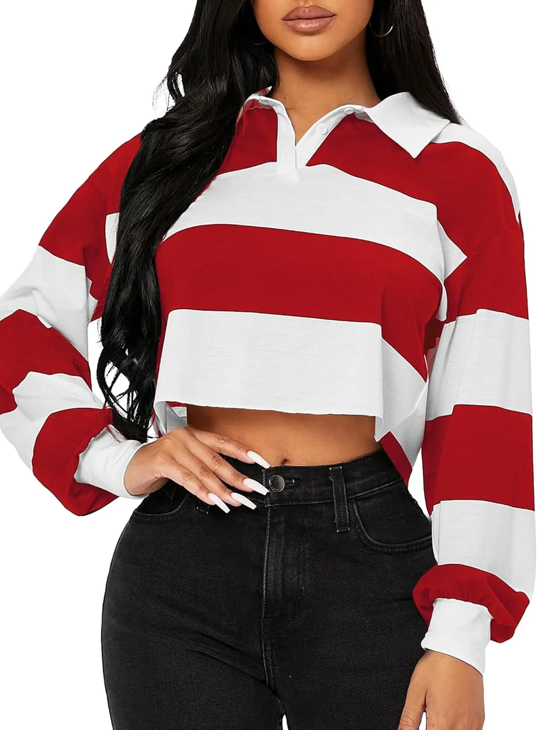 LovelyWholesale Women Striped Cropped Sweatshirts Polo Collar Tops